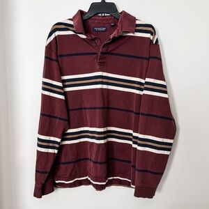 Men’s Roundtree & Yorke Maroon, Navy and Cream Striped Long Sleeve Polo